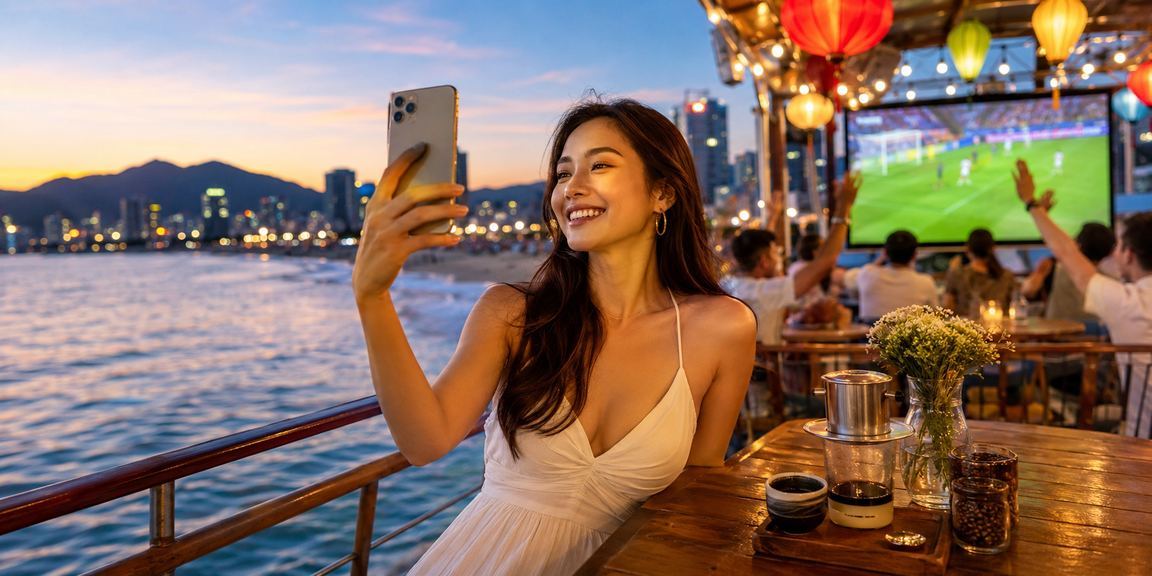 Người dùng tại Đà Nẵng uống cà phê và theo dõi kết quả cá cược bóng đá trực tuyến