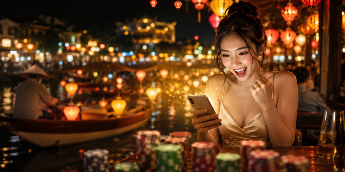 Người dùng tại chợ đêm Huế sử dụng điện thoại để kiểm tra và áp dụng voucher casino